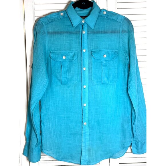 Ralph Lauren Rugby Womens Boyfriend Button Down Turquiose Blouse Roll Tab Size 0 - Picture 3 of 10